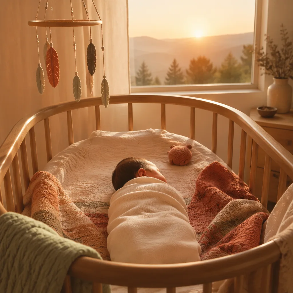 Soft sunrise nursery scene with a swaddled baby and warm ember-toned accents.