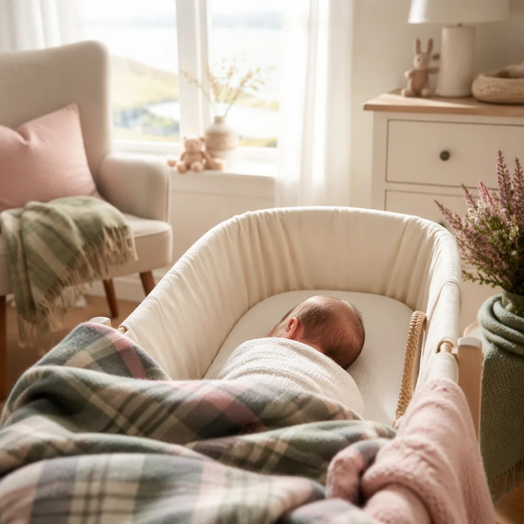 A peaceful Scottish-inspired nursery with a sleeping baby, tartan blanket, and soft heather accents.
