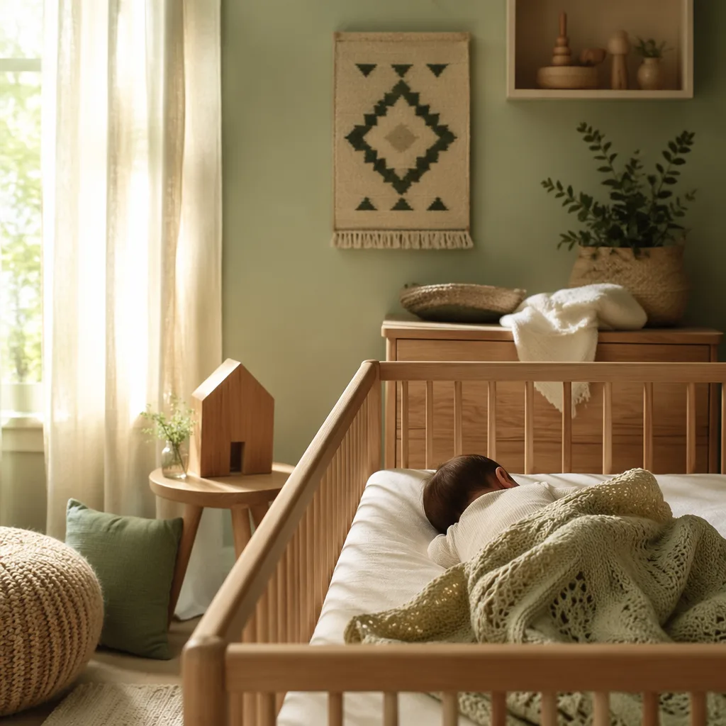 A cozy pastel nursery with a sleeping baby and wooden house decor in gentle natural light.
