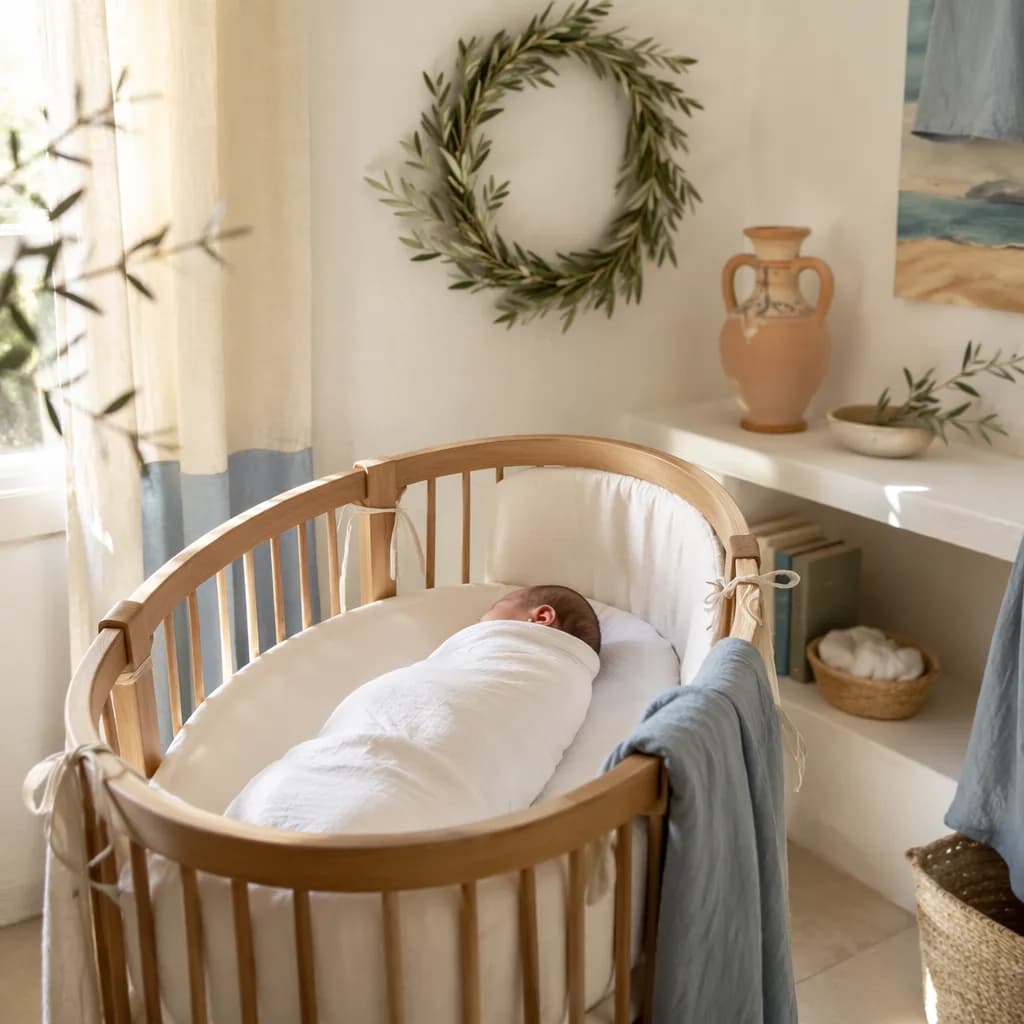 A softly lit Greek-inspired nursery with a swaddled sleeping baby, olive branches, and cozy pastel decor.