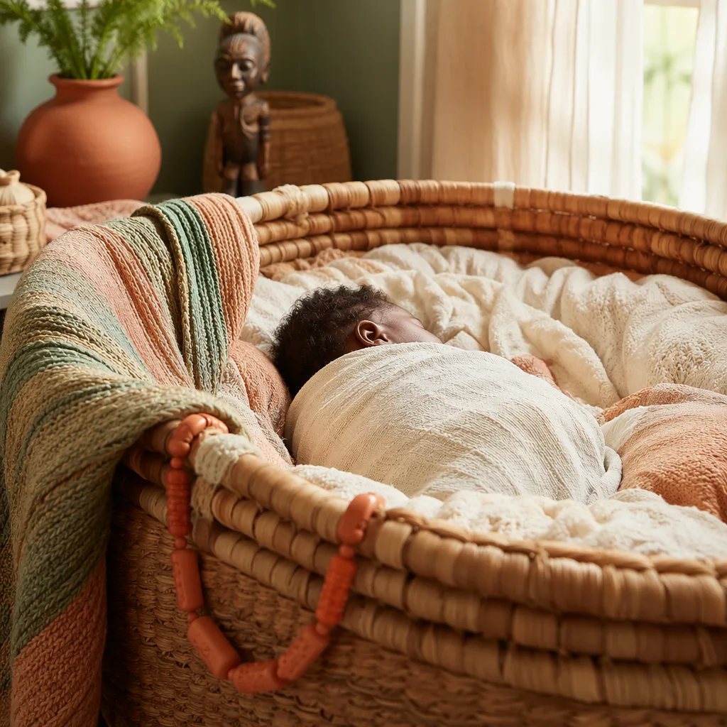 A softly lit Nigerian-inspired nursery with a swaddled newborn in a woven bassinet.