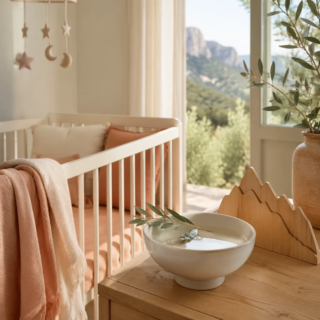 Cozy pastel nursery still-life with Mediterranean mountain and spring-inspired details.