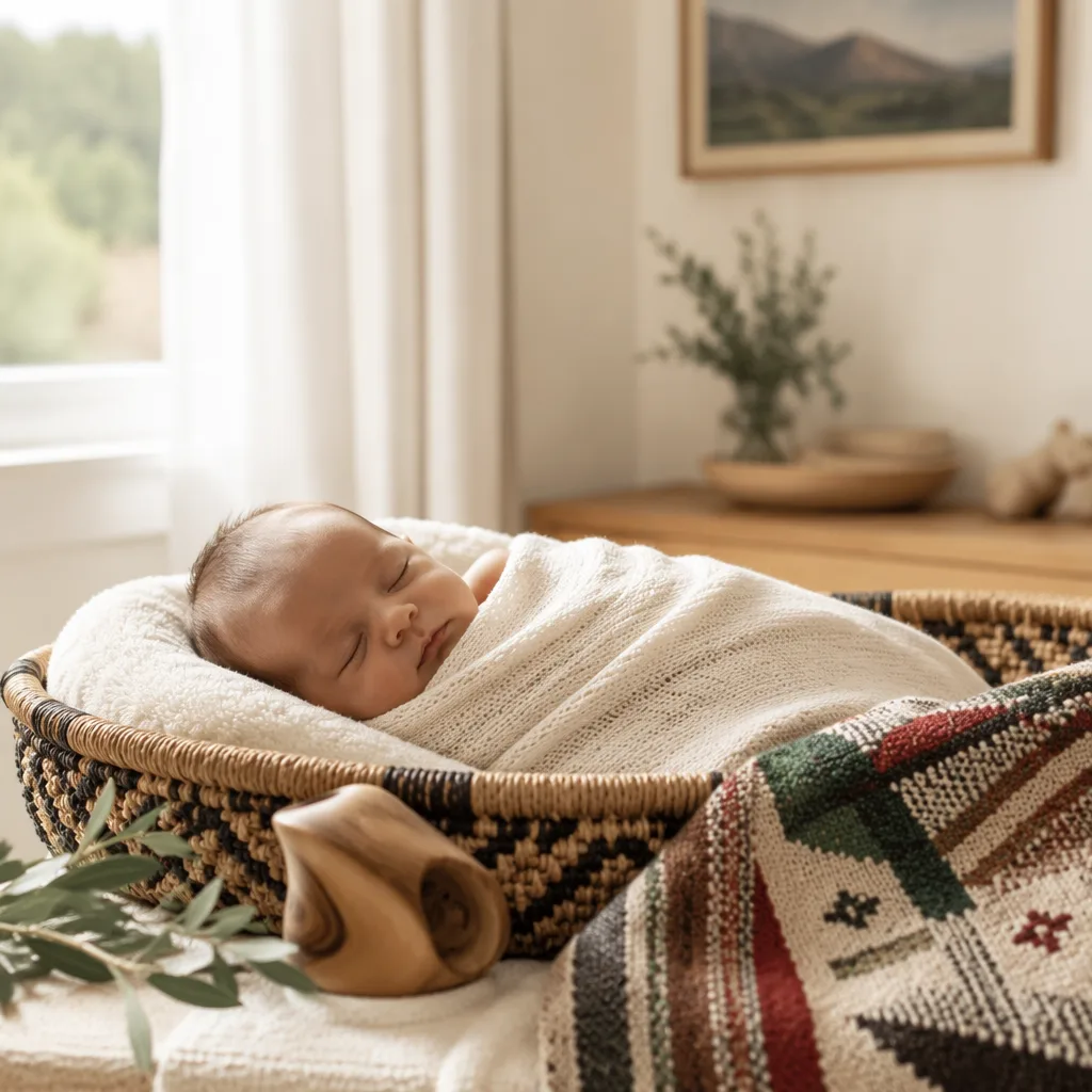 A serene newborn in a pastel nursery with soft Basque-inspired details.