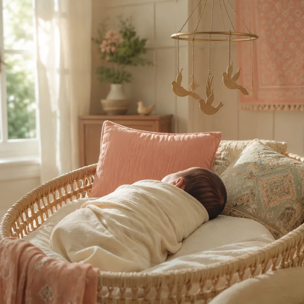 A softly lit nursery with a swaddled baby and bird-shaped mobile in warm pastel tones.