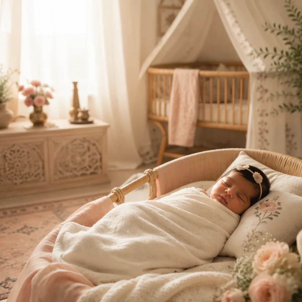 Peaceful newborn in a softly lit pastel nursery with cozy South Asian-inspired decor