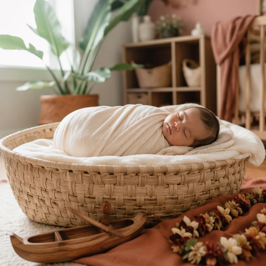 A peaceful Hawaiian-inspired nursery scene with a swaddled sleeping baby, soft island decor, and warm natural light.
