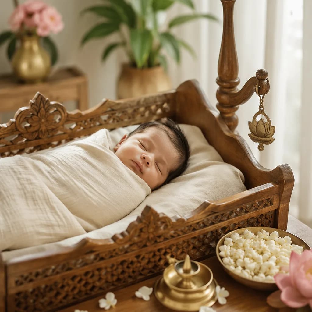 Sleeping baby in a soft pastel nursery with lotus and jasmine details inspired by Sanskrit heritage.