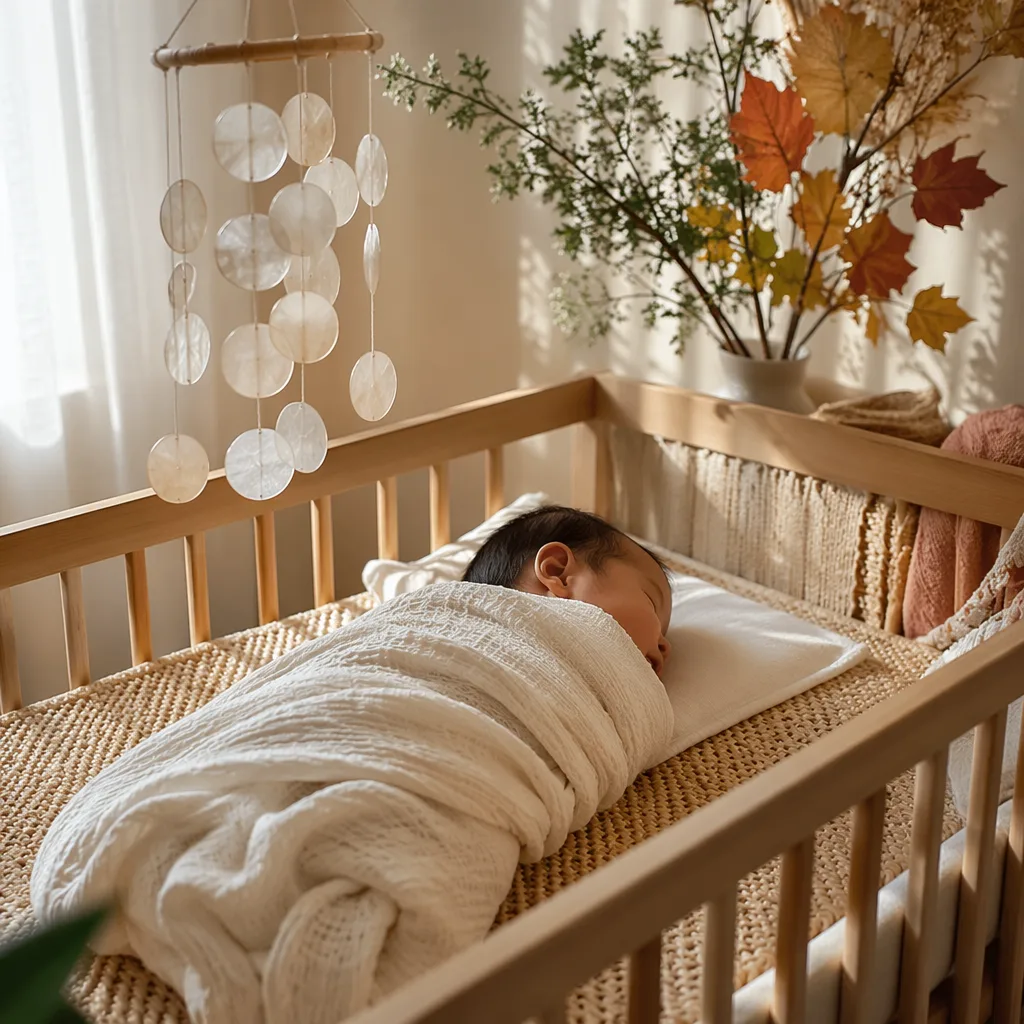 Sleeping Filipino baby in a soft pastel nursery with woven accents, leaves, and gentle natural light.
