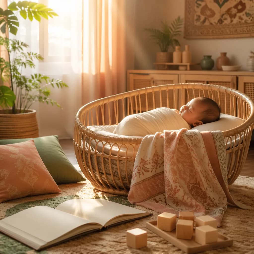 Sleeping baby in a warm pastel Indonesian-inspired nursery with soft sunlight and cozy decor