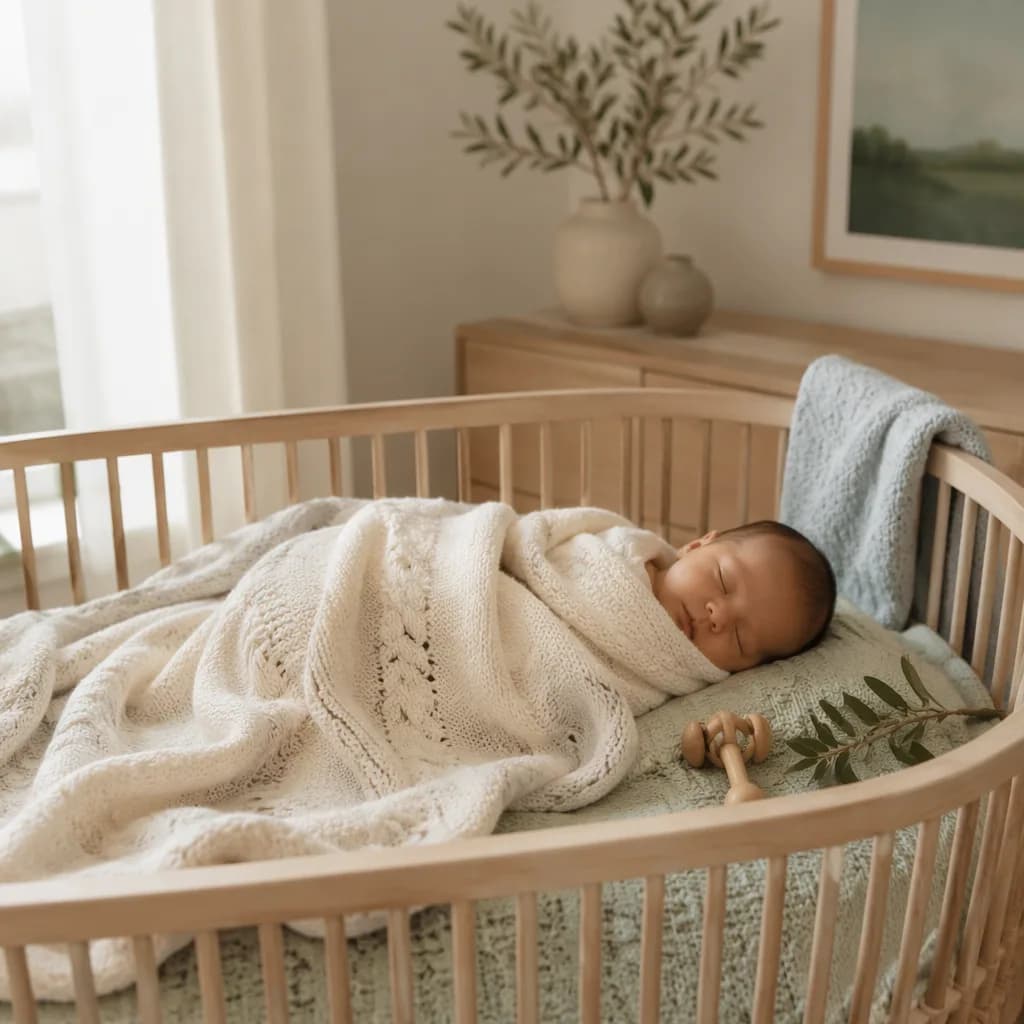 Sleeping baby in a soft Scandinavian nursery with peaceful pastel details.