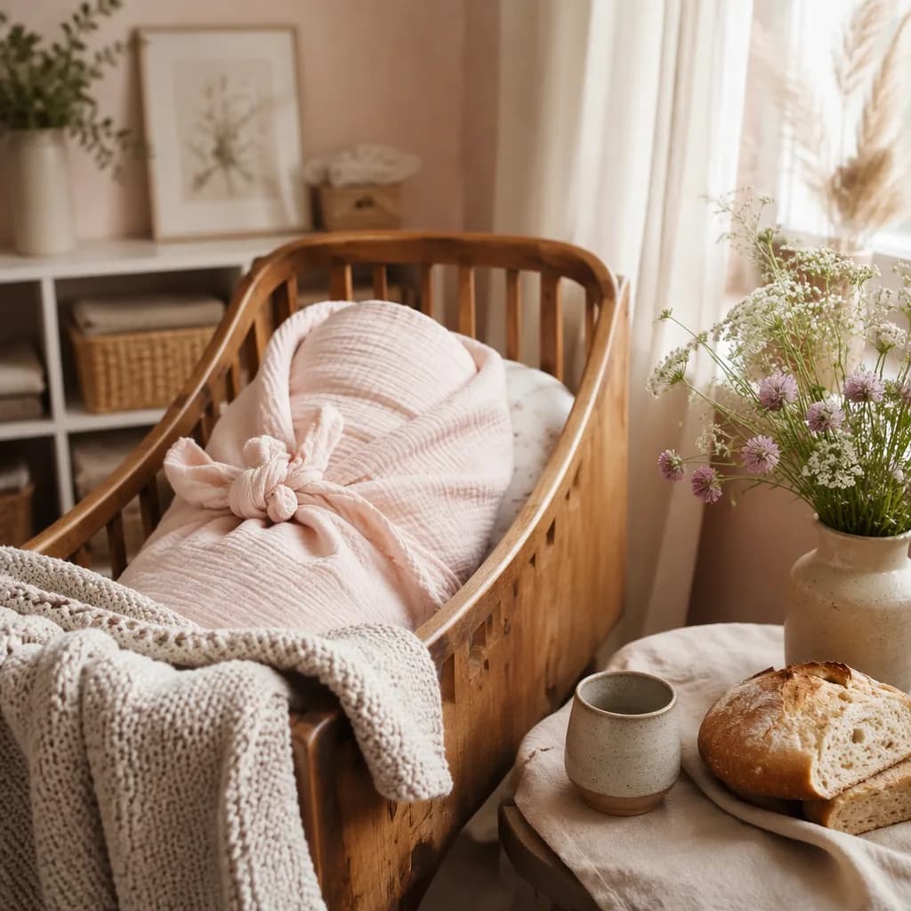 Cozy pastel Russian-inspired nursery still-life with a cradle, blanket, wildflowers, and welcoming bread.