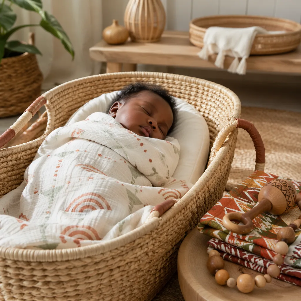 A peaceful Igbo baby sleeping in a soft pastel nursery with woven textures and gentle cultural accents.