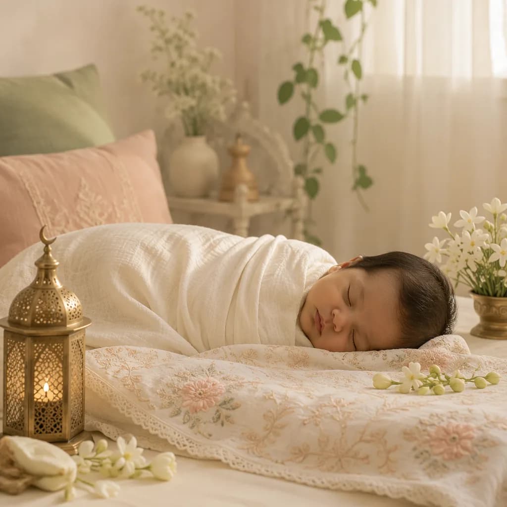 Sleeping baby in a soft pastel nursery with Urdu-inspired decor and warm natural light.