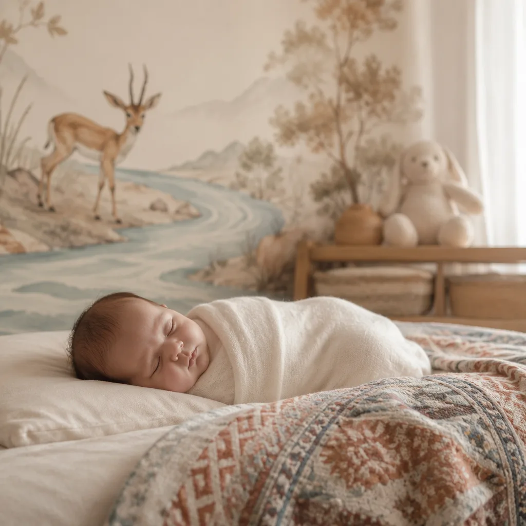 Soft pastel Turkish nursery with a swaddled sleeping baby and gentle gazelle decor.