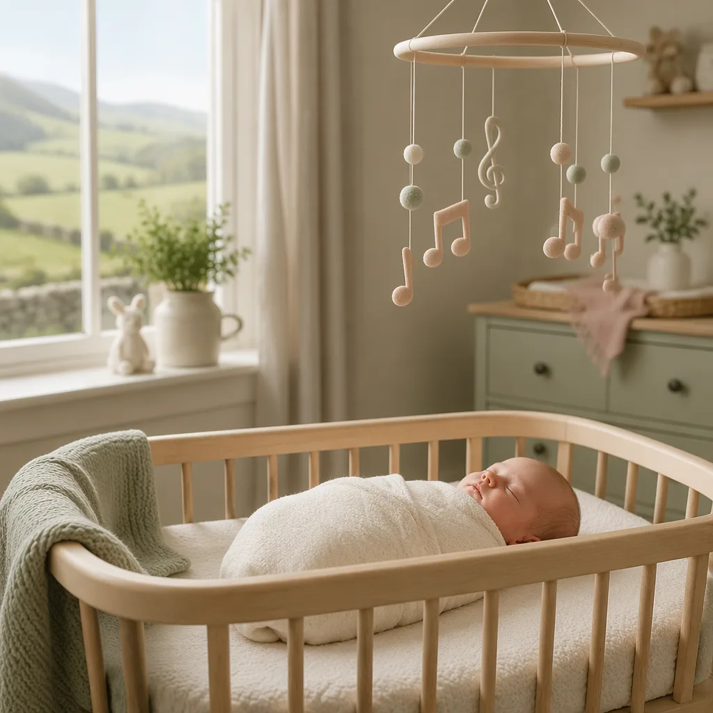 A softly lit cozy nursery with a sleeping swaddled baby and gentle musical mobile.