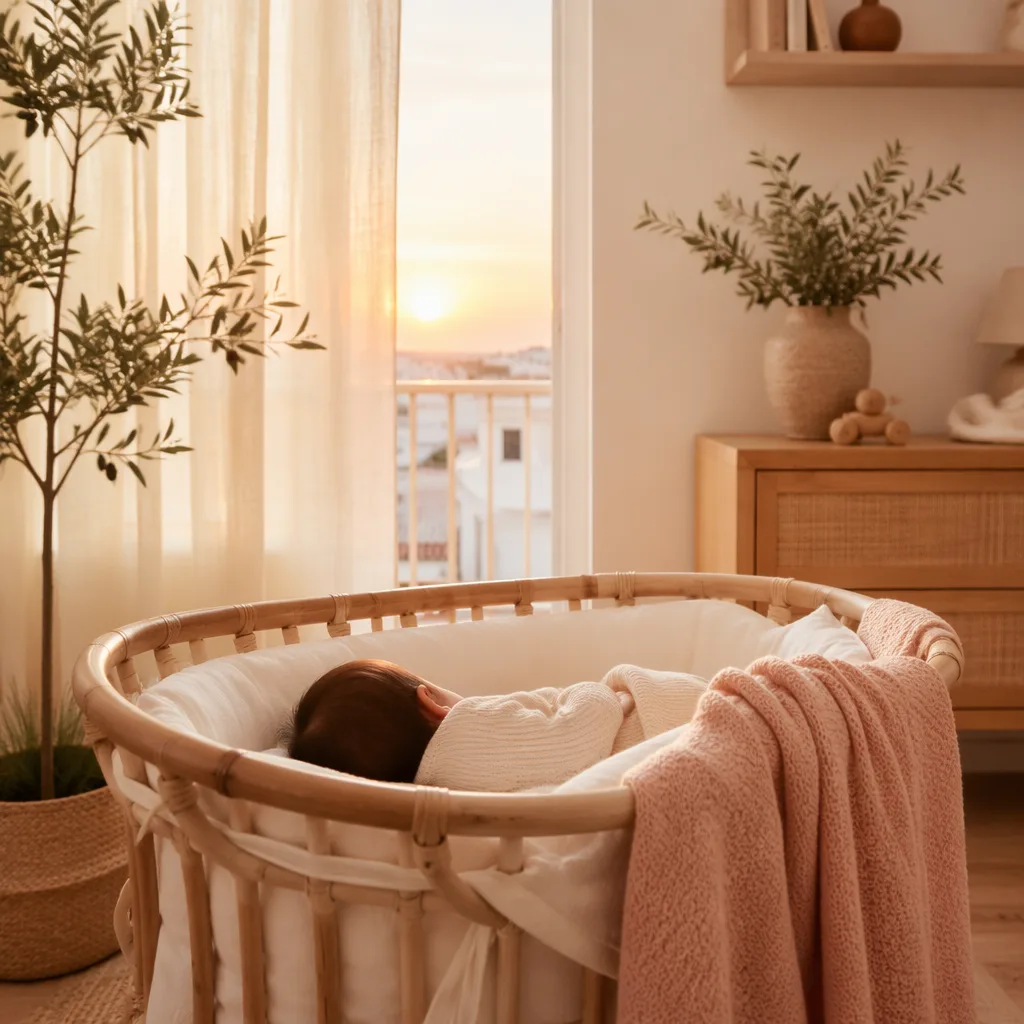A peaceful pastel nursery at sunrise with a sleeping baby in a bassinet.