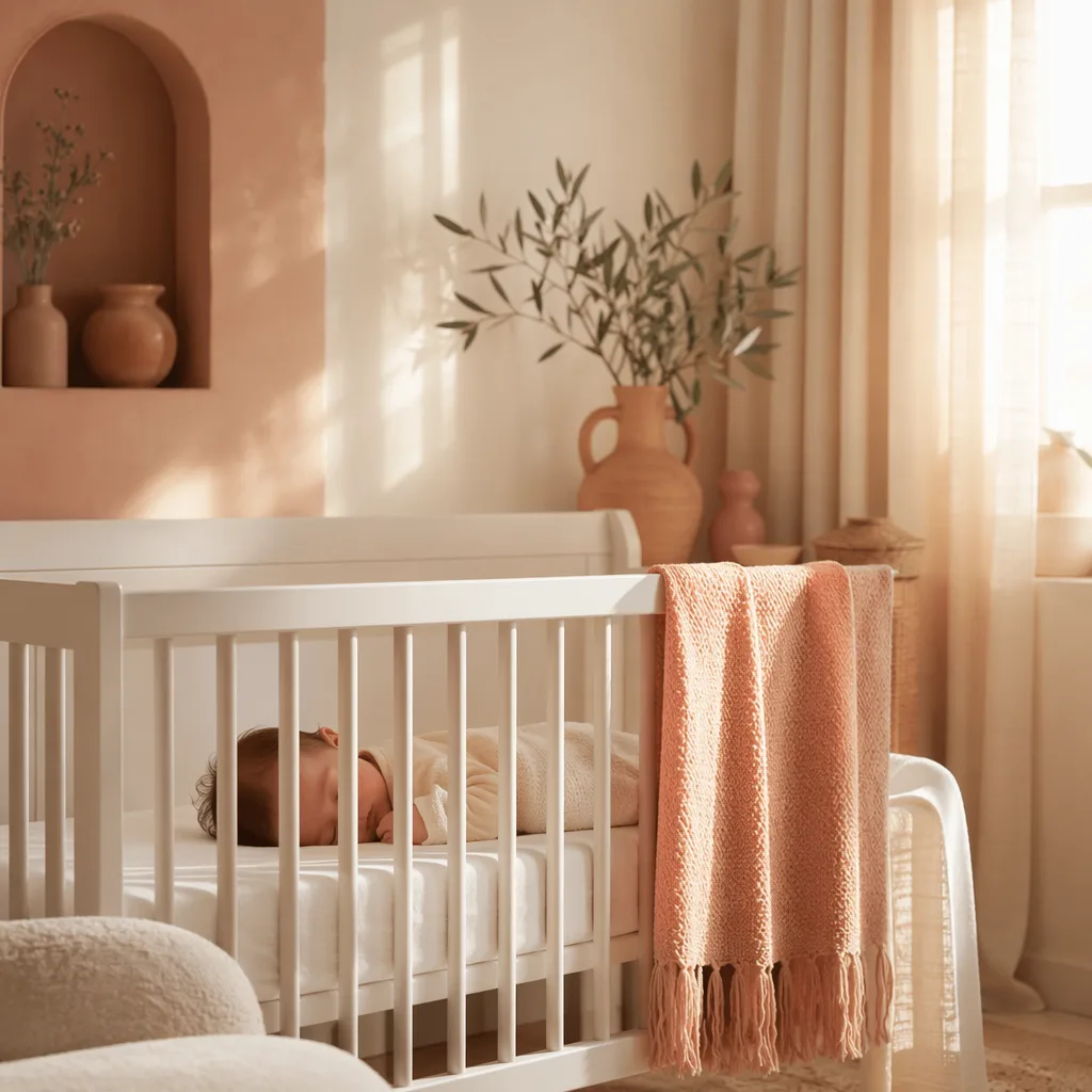 Soft dawn light in a cozy Spanish-inspired nursery with a sleeping baby in a white crib.
