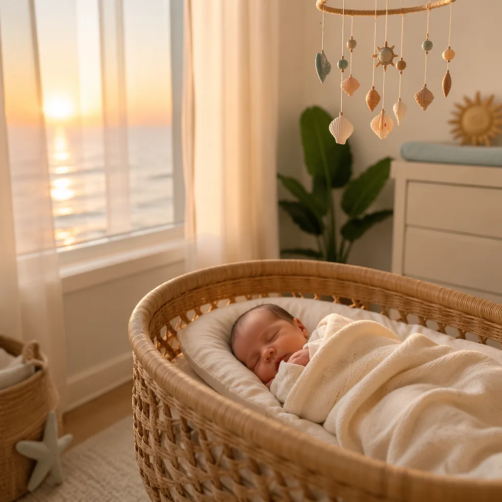 A peaceful pastel nursery with a sleeping newborn in soft dawn light and subtle sun-and-sea decor.