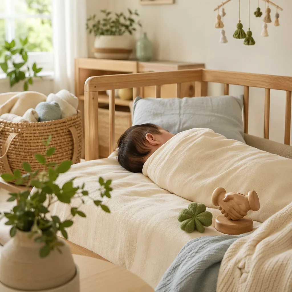 Soft pastel nursery with a sleeping Filipino baby, wooden crib, woven basket, and gentle heritage-inspired accents.