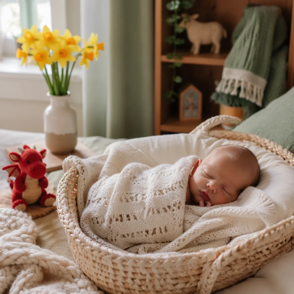 Sleeping newborn in a cozy Welsh-inspired nursery with daffodils and soft pastel decor.