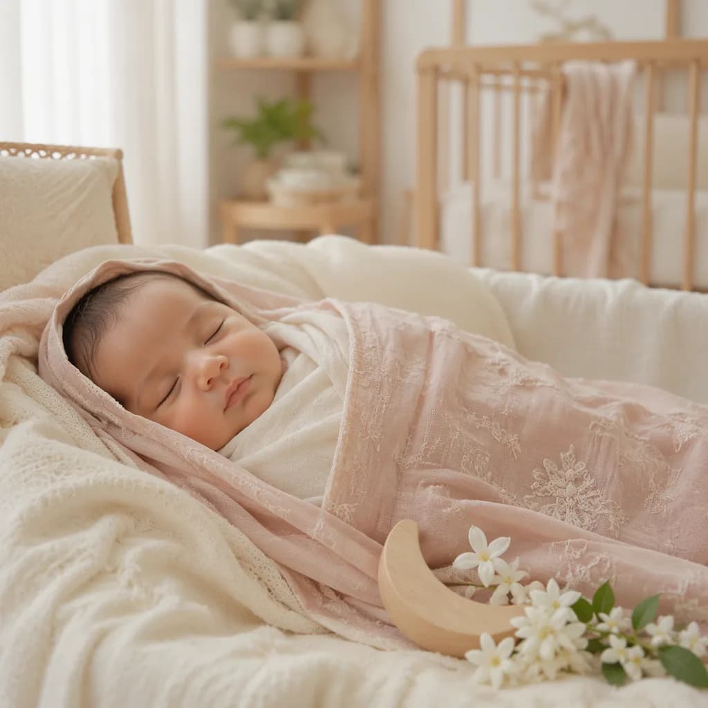 Peaceful swaddled newborn in a warm pastel nursery with subtle South Asian-inspired details.