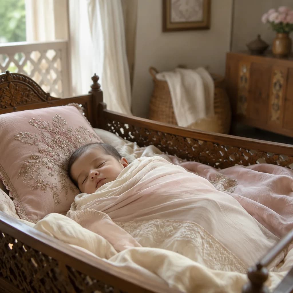 A softly swaddled baby in a warm pastel nursery with delicate South Asian-inspired details.