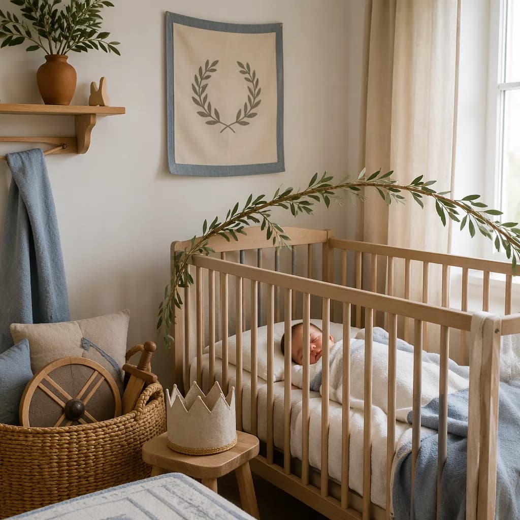 Sleeping baby in a soft Greek-inspired nursery with olive branches, a toy shield, and a small crown.