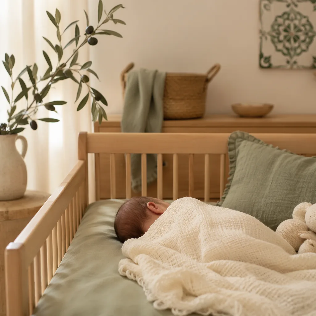 Cozy pastel nursery with a sleeping baby, olive branch, and soft natural light.
