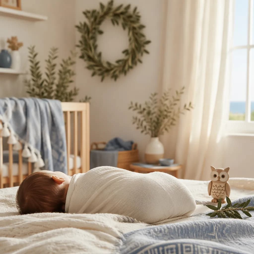 A peaceful pastel nursery with a swaddled baby, olive branches, and soft Greek-inspired decor.
