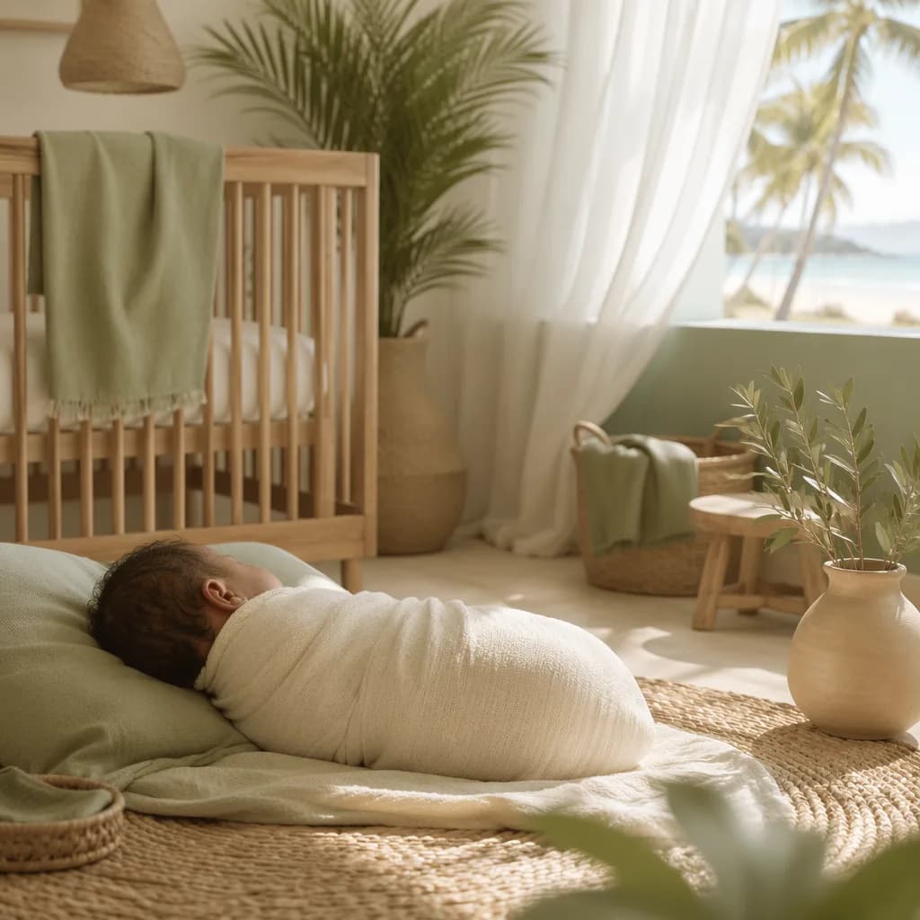 Peaceful Swahili-inspired nursery with a sleeping swaddled baby in soft natural light.
