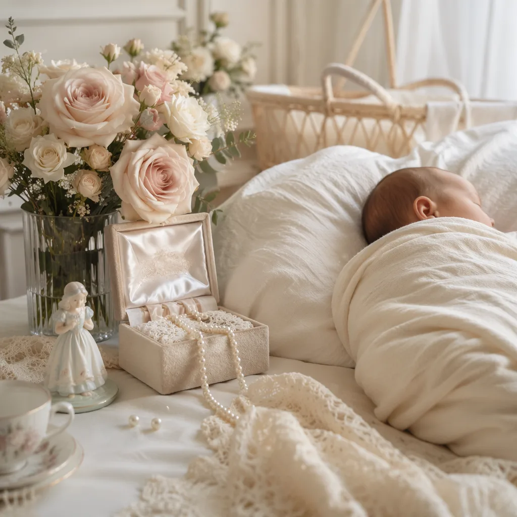 A cozy pastel nursery scene with a swaddled newborn and delicate pearl-accented keepsake details.