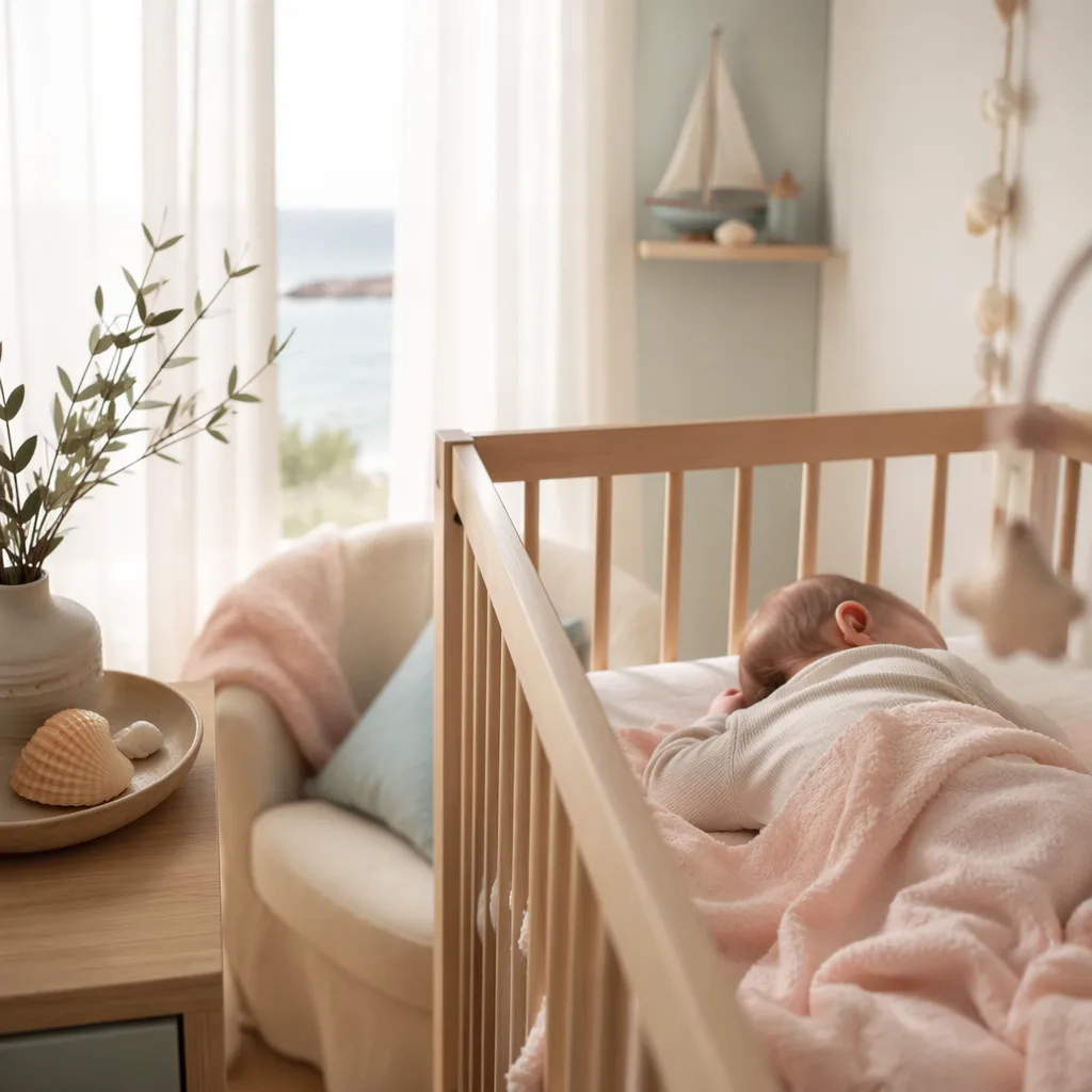 Soft pastel Portuguese nursery with a peaceful baby and gentle seaside-inspired details.