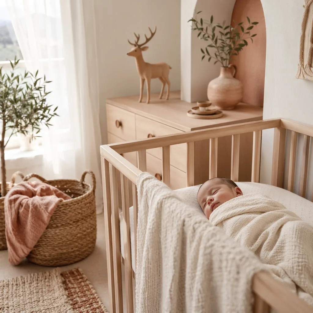 Soft Spanish-inspired nursery with a swaddled newborn, olive branch, and wooden deer figurine.