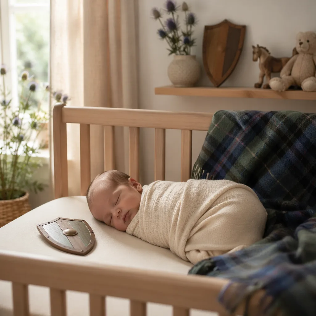 Cozy Scottish-inspired nursery with a sleeping swaddled baby, tartan blanket, and soft natural light.