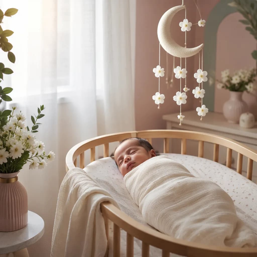 Sleeping baby in a soft pastel nursery with jasmine and crescent mobile.
