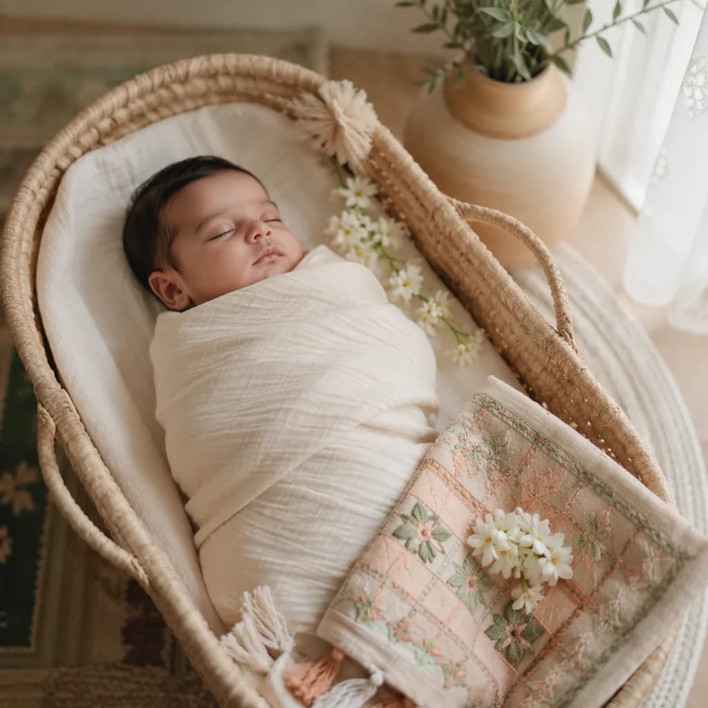 Peaceful Punjabi baby in a pastel nursery with soft floral and phulkari-inspired details.