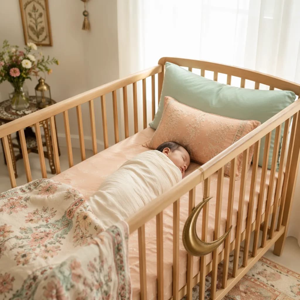 A peaceful swaddled baby in a softly lit nursery with subtle South Asian-inspired details.