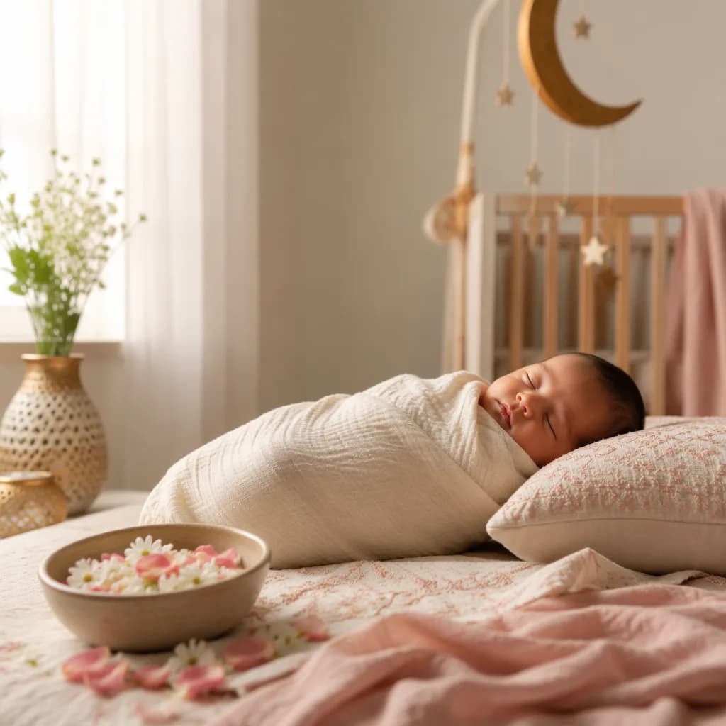 A softly lit nursery with a swaddled baby, pastel florals, and subtle South Asian-inspired details.