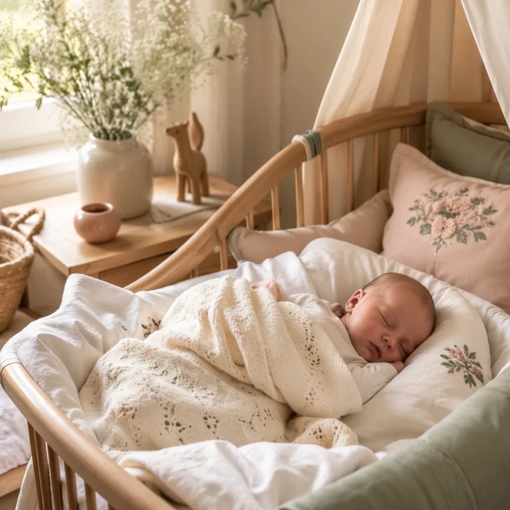 Peaceful baby in a soft pastel nursery with subtle Polish floral details.