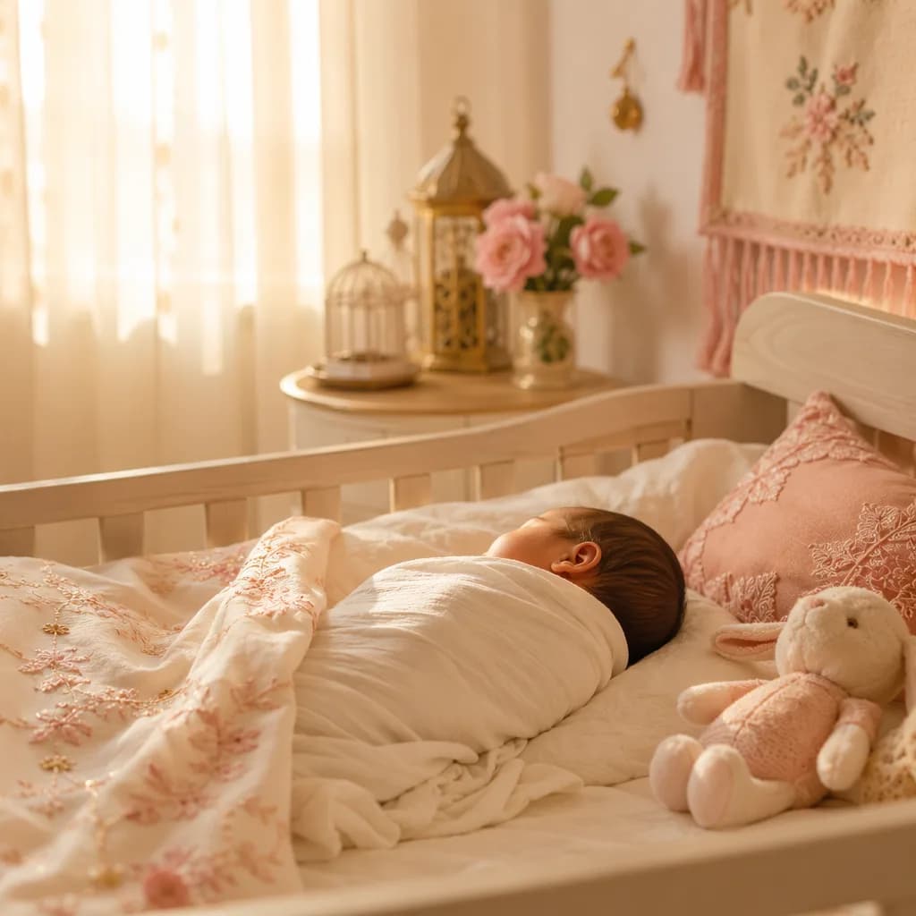 Sleeping baby in a softly lit pastel nursery with gentle Urdu-inspired details.