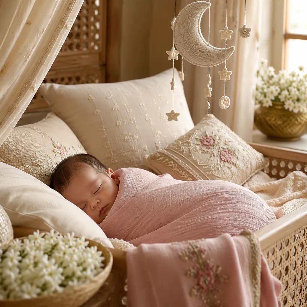 A peaceful baby nursery with soft pastel blankets, jasmine flowers, and a crescent moon mobile.