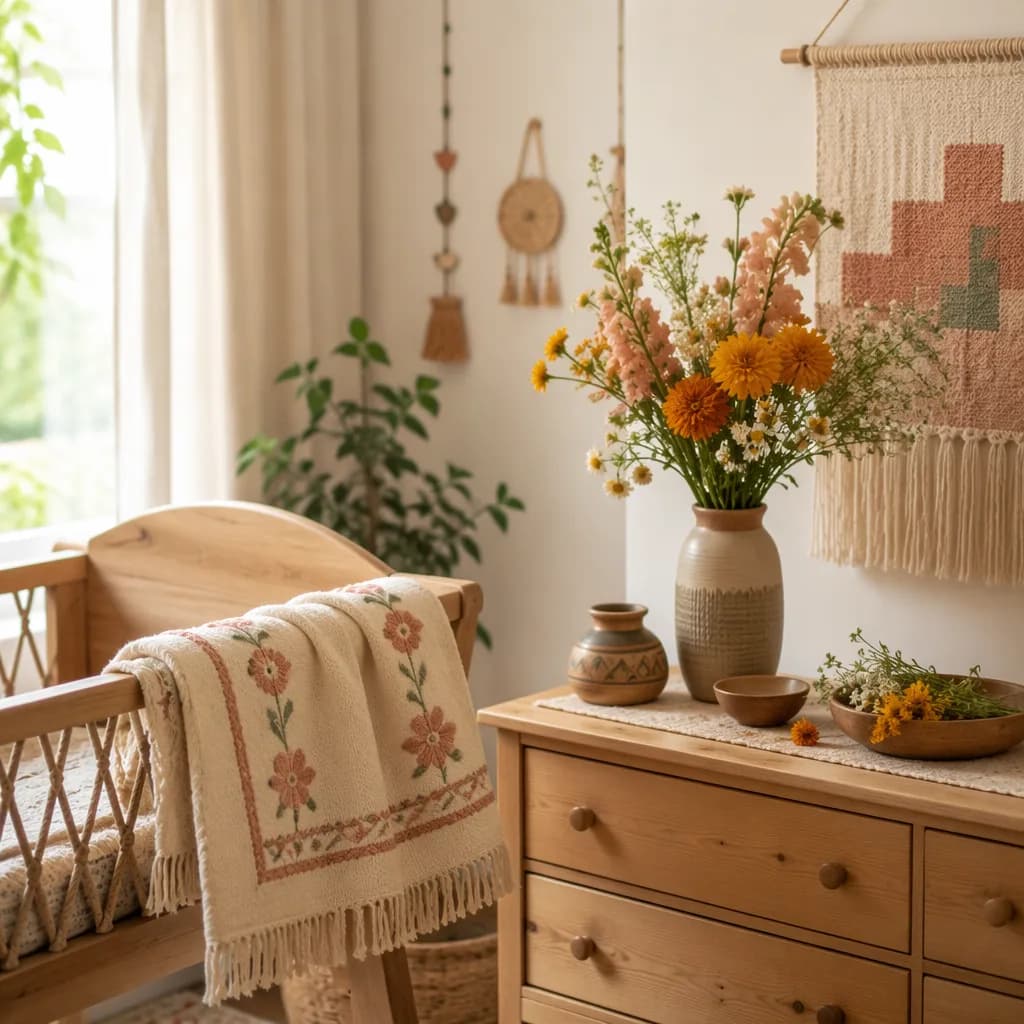 Cozy pastel nursery with a woven baby blanket and fresh flowers in soft natural light.