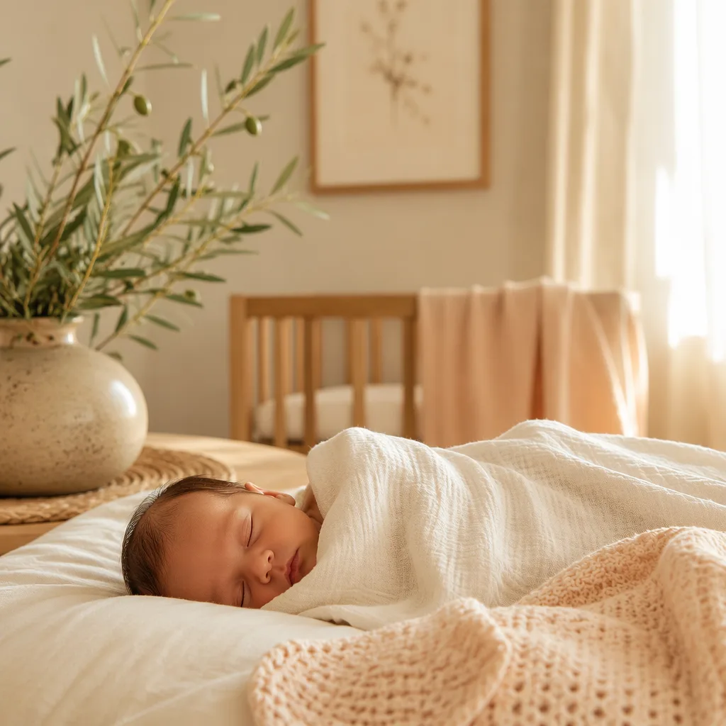 A peaceful newborn in a soft Italian-inspired nursery with warm pastel light and olive branch decor.
