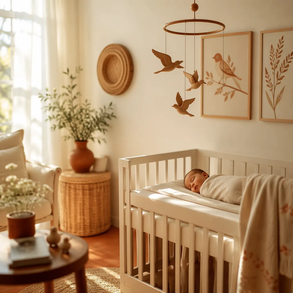 Soft pastel nursery with a sleeping baby and subtle lark bird decor inspired by the name Alondra.