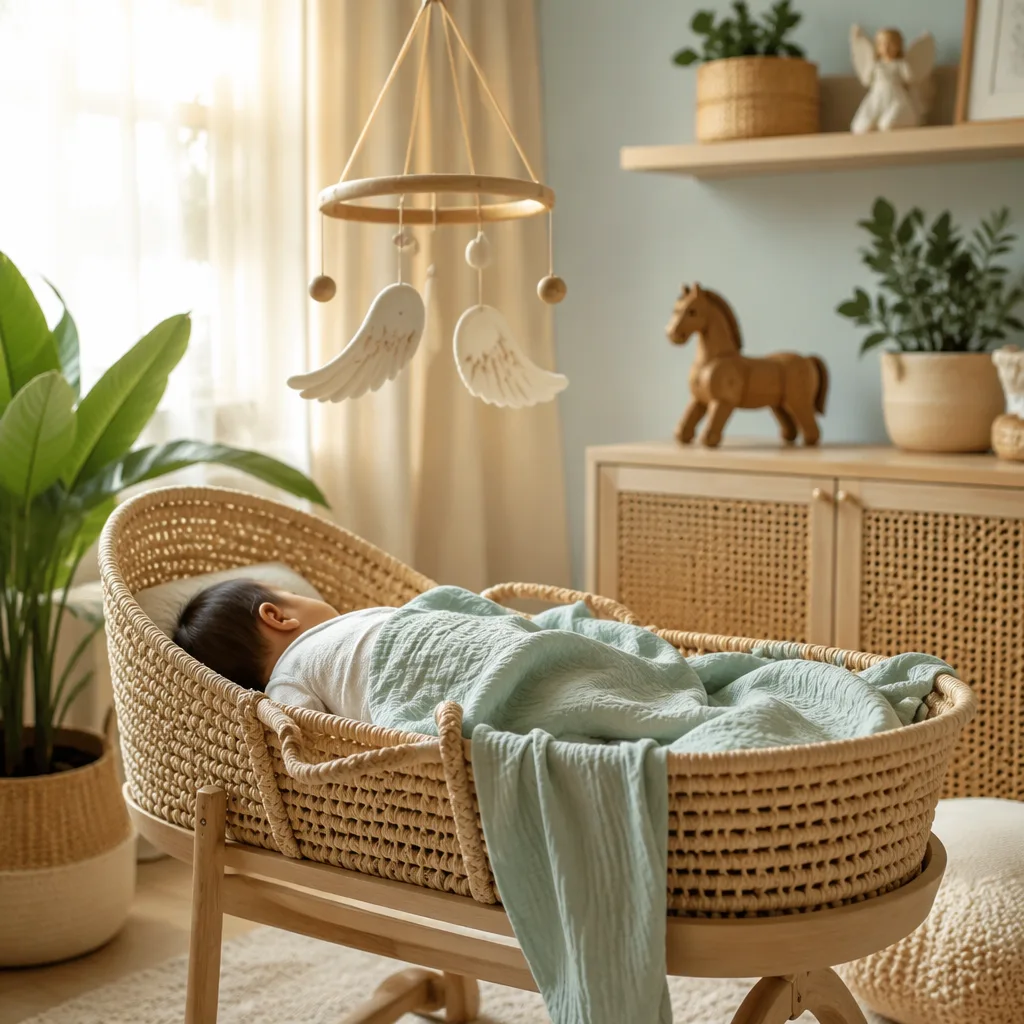 Peaceful Filipino baby sleeping in a soft pastel nursery with woven accents and gentle light.