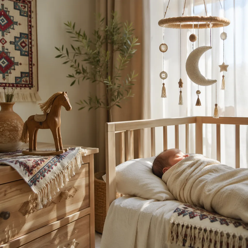 Sleeping baby in a soft Turkish-inspired nursery with a wooden toy horse and crescent mobile.