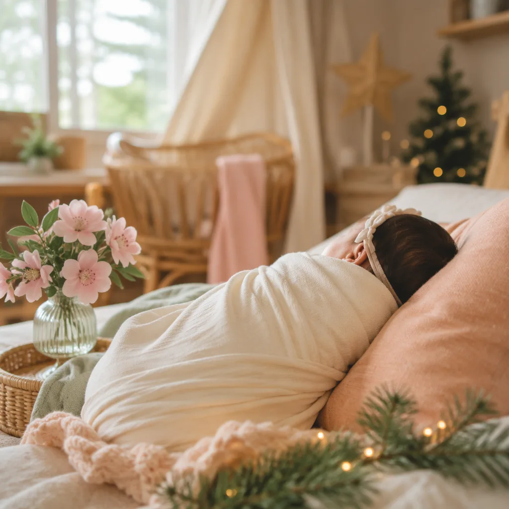 A softly lit nursery scene with a swaddled Filipino baby, delicate flowers, and subtle holiday greenery.