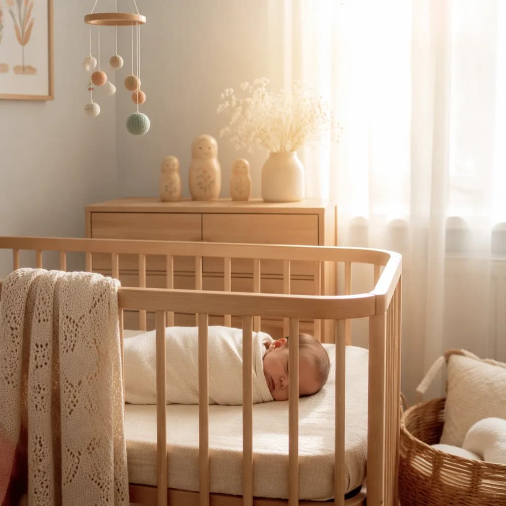 A softly lit cozy nursery with a sleeping swaddled baby in a birch wood crib.