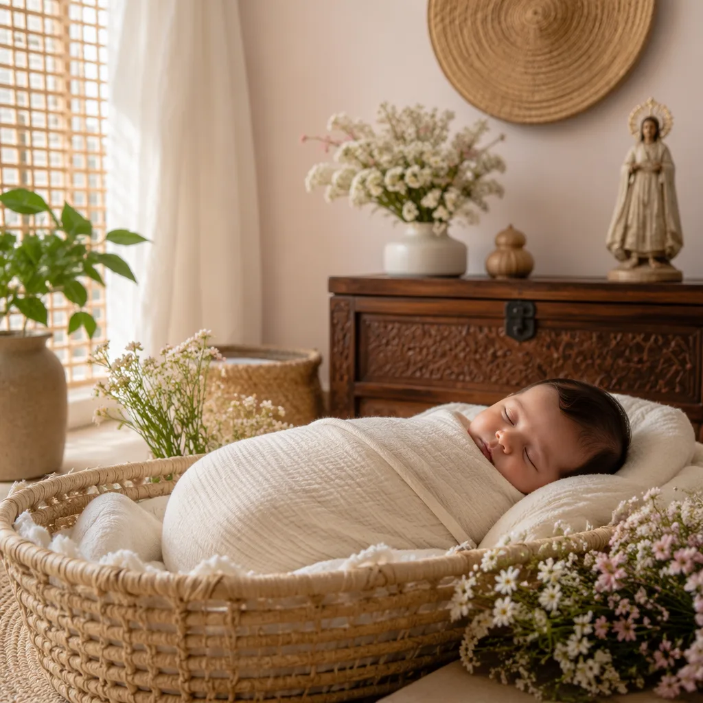 A softly lit nursery with a swaddled Filipino baby and pastel flowers.