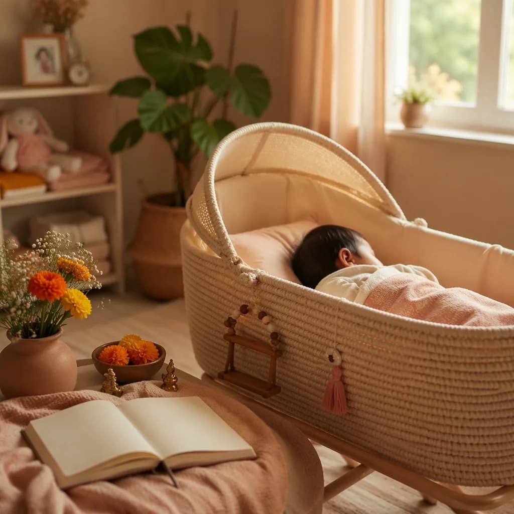 A peaceful Indian baby nursery with soft pastels, marigolds, and a blank poetry notebook.